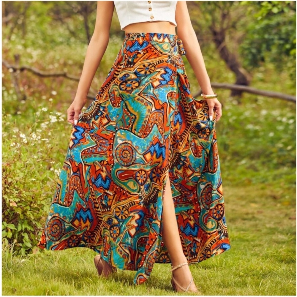 Boho Gypsy Festival Print Tie Maxi Skirt S M L XL - Picture 2 of 5